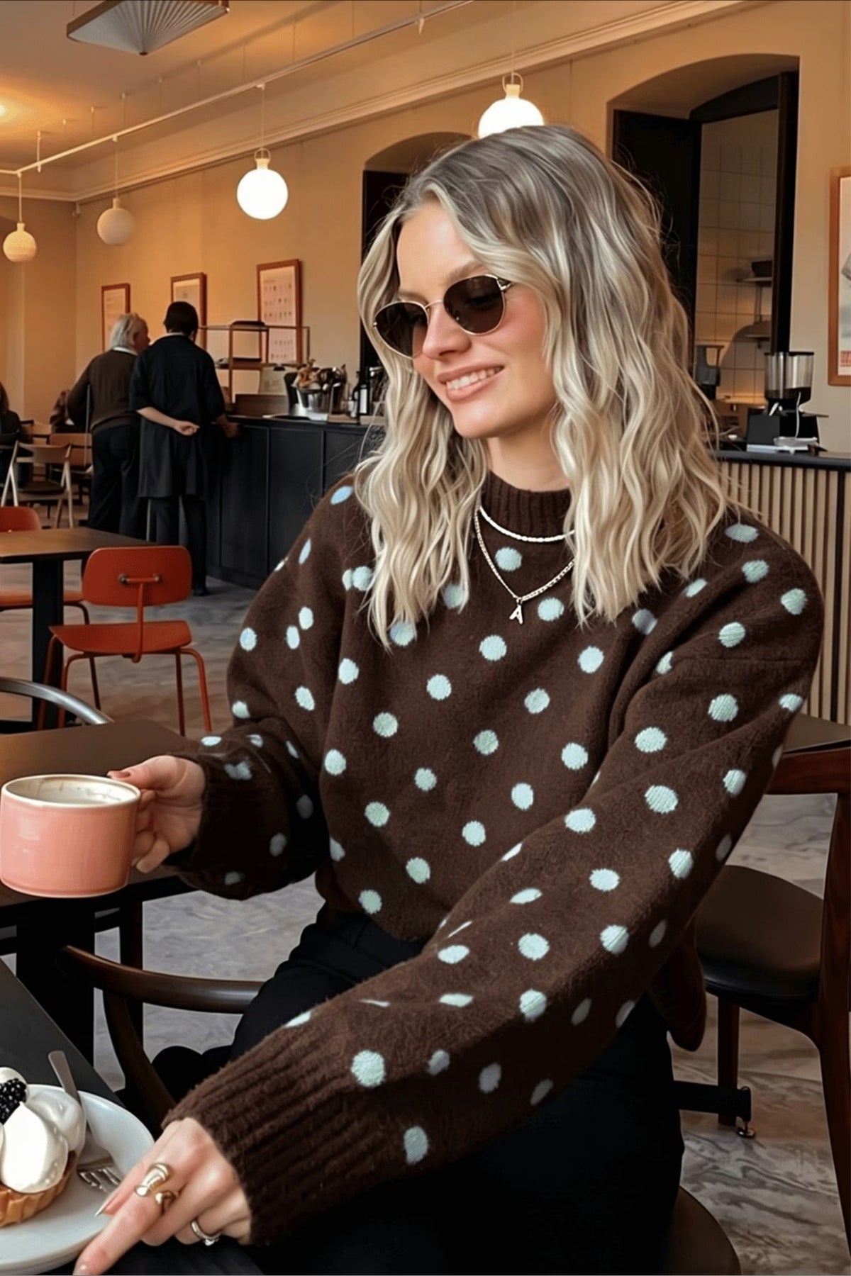 Polka Dot Knit Sweater Brown Crew Neck