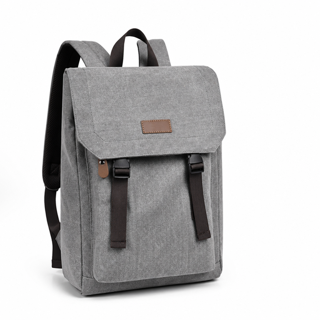 Close-up of the backpack's foldover flap and secure fastening