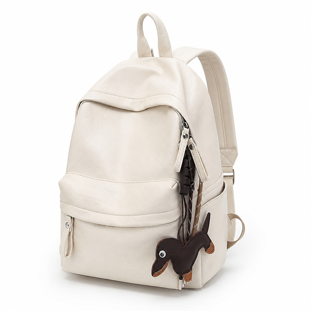 Side view of leather backpack showing its depth