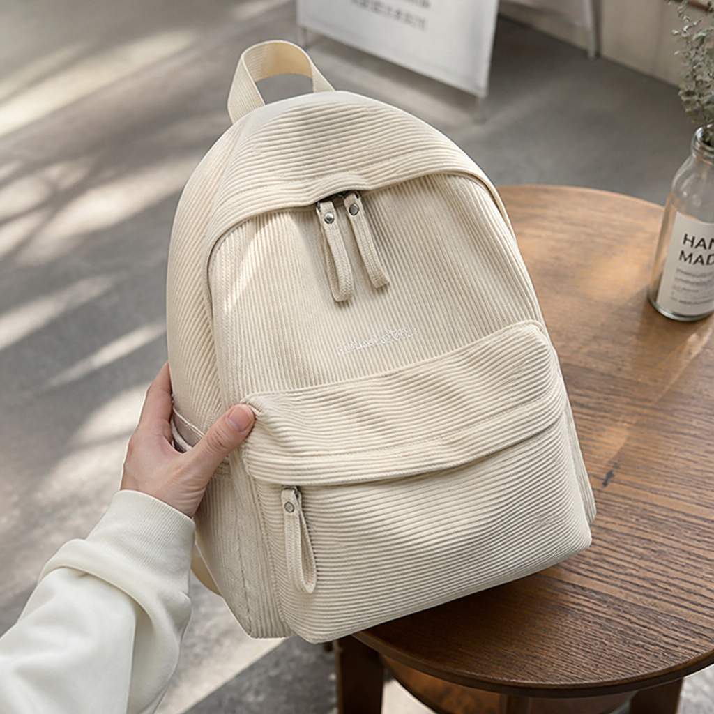 Backpack shown at an angle, highlighting its structured shape and exterior pockets