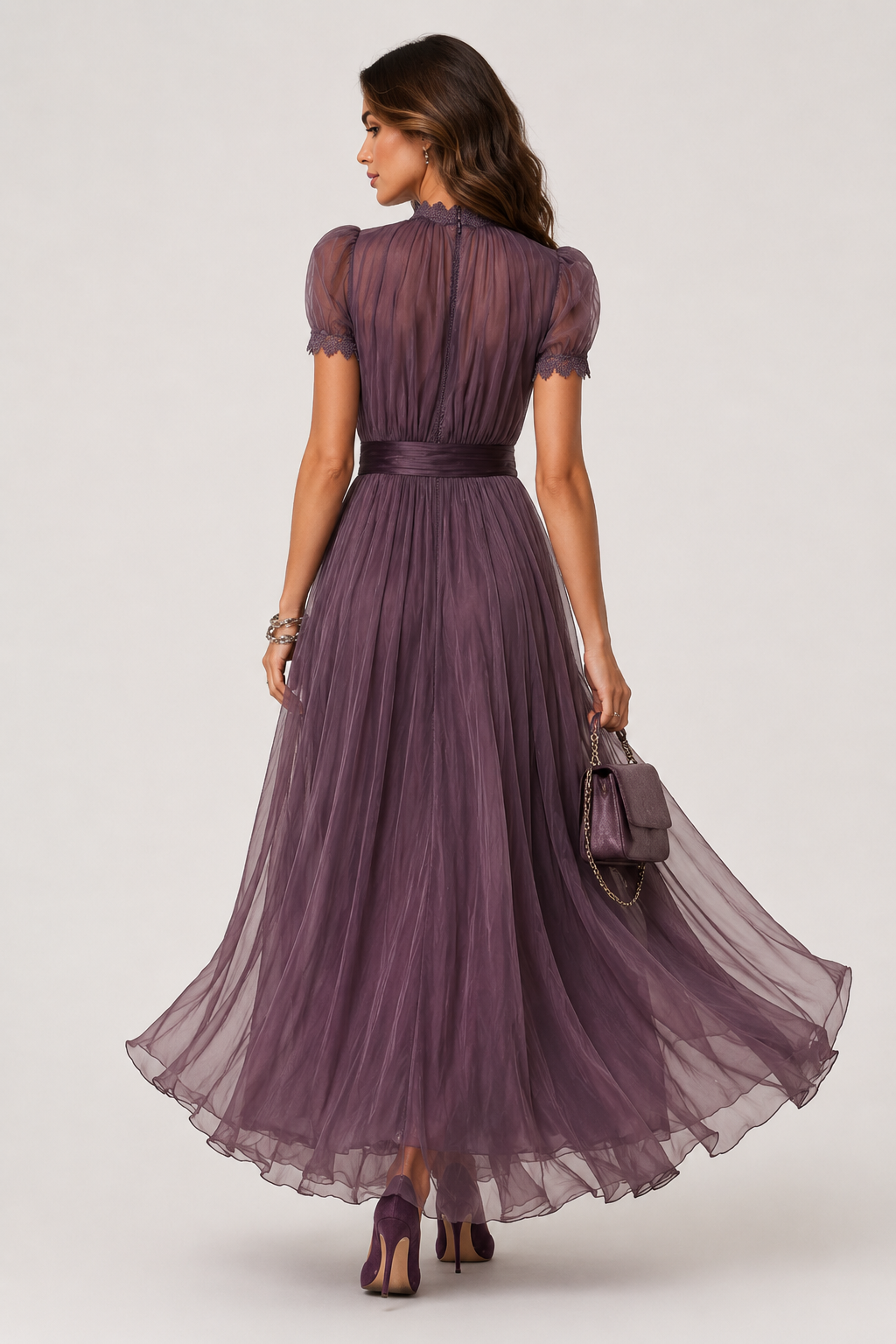 Close-up of the purple chiffon fabric on the maxi dress