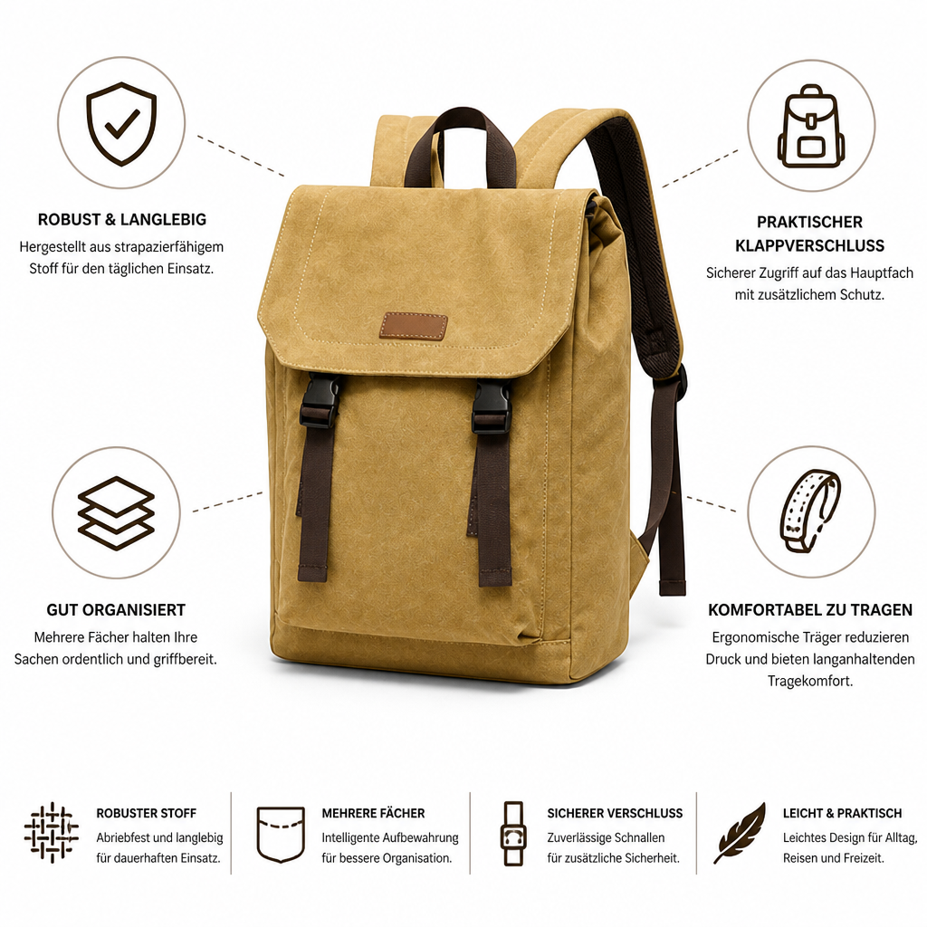 Foldover backpack shown from the side with adjustable shoulder straps