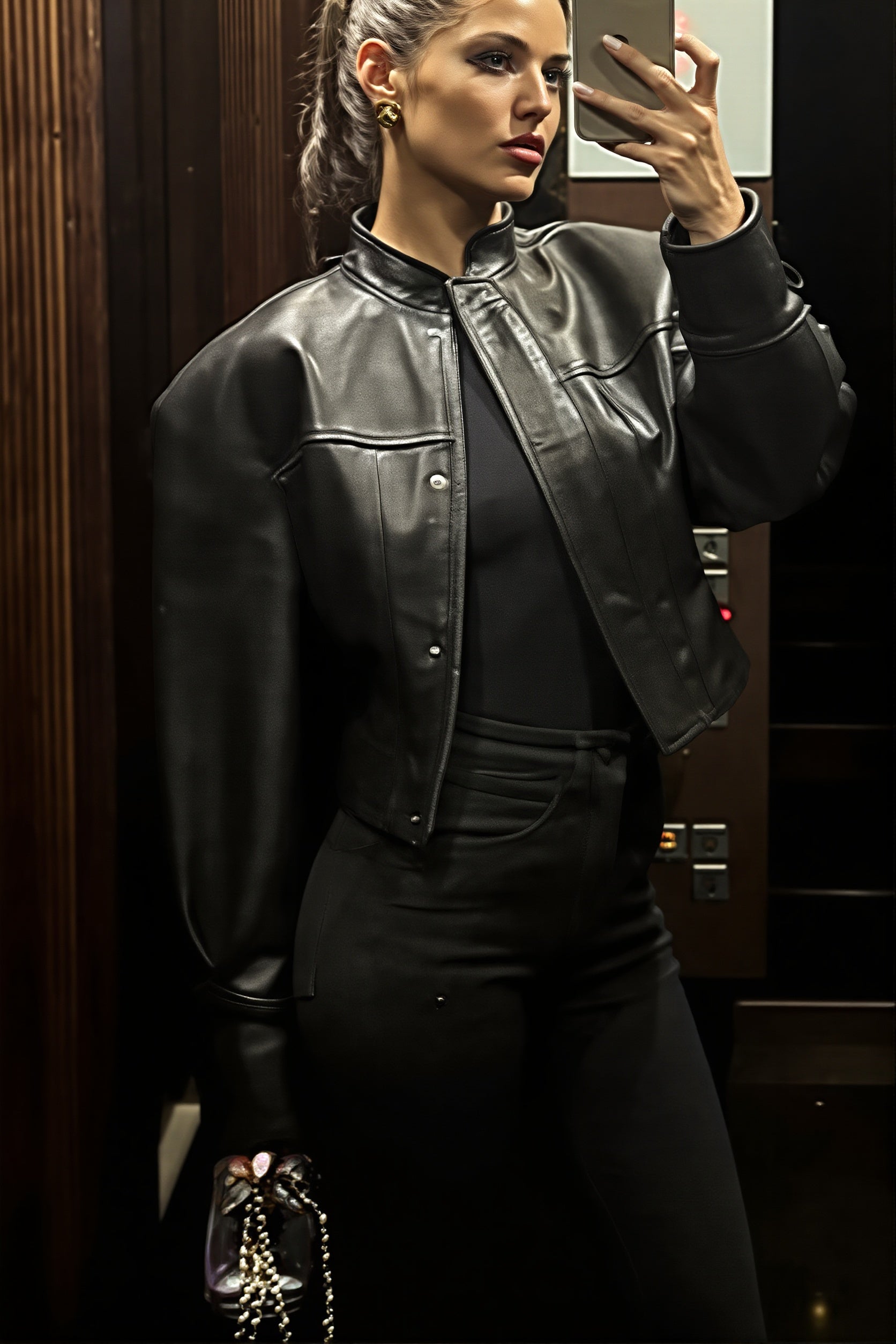 Detailed view of the snap collar on a faux leather bomber jacket
