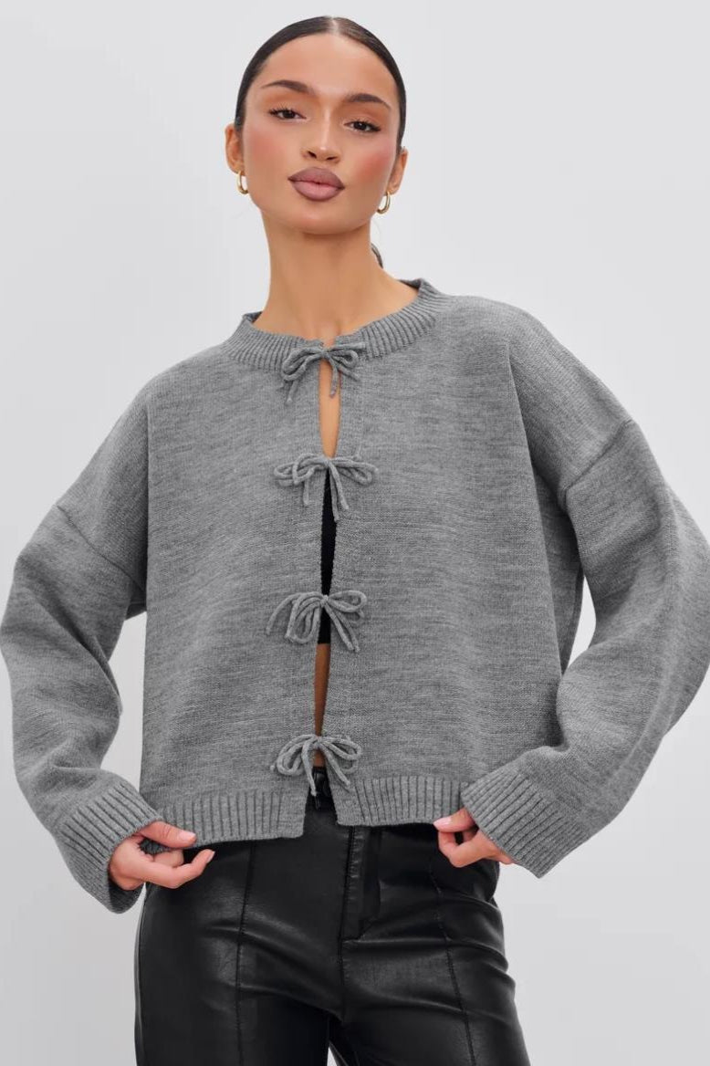 Tie-Front Crew-Neck Knit Cardigan