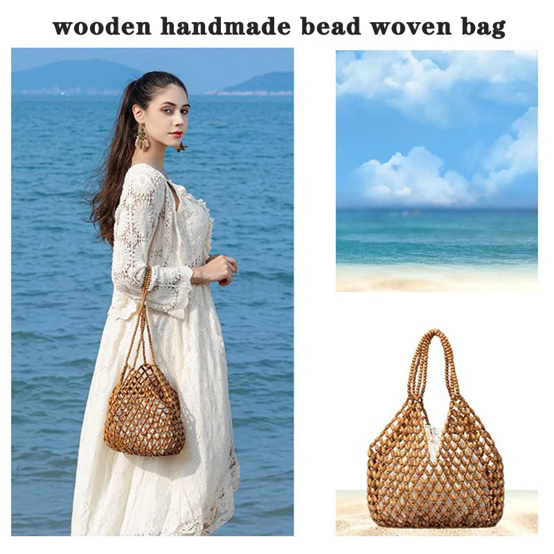 Handmade Woven Beaded Wooden Shoulder Beach Bag for Women