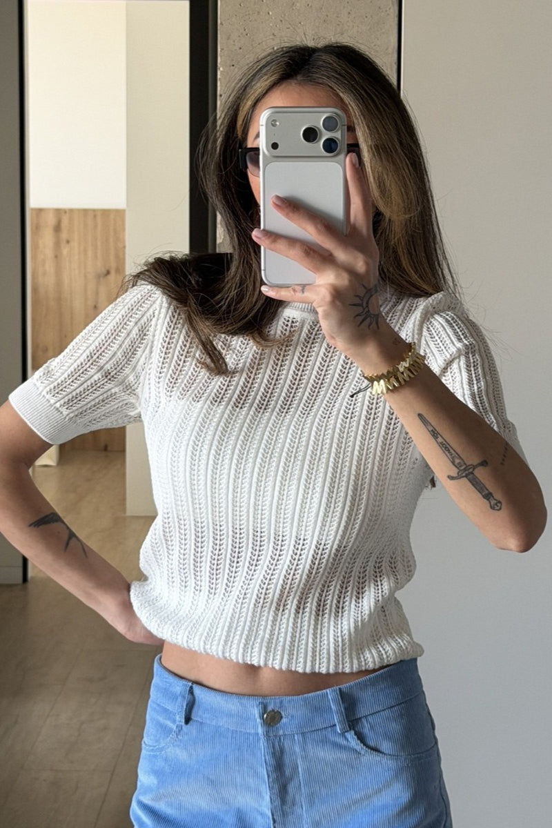 Openwork Short-Sleeve Crewneck Sweater