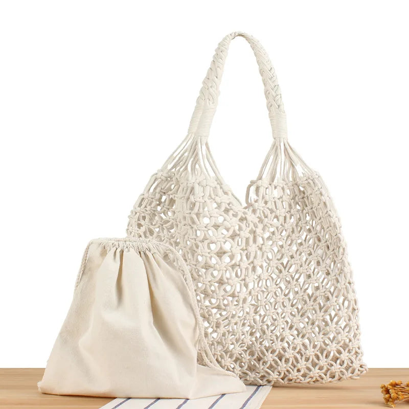 Summer Net Cotton Rope Knitted Bucket Shoulder Beach Bag for Women