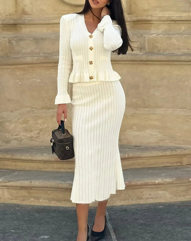 Women's knitted two-piece office set styled as a polished matching outfit
