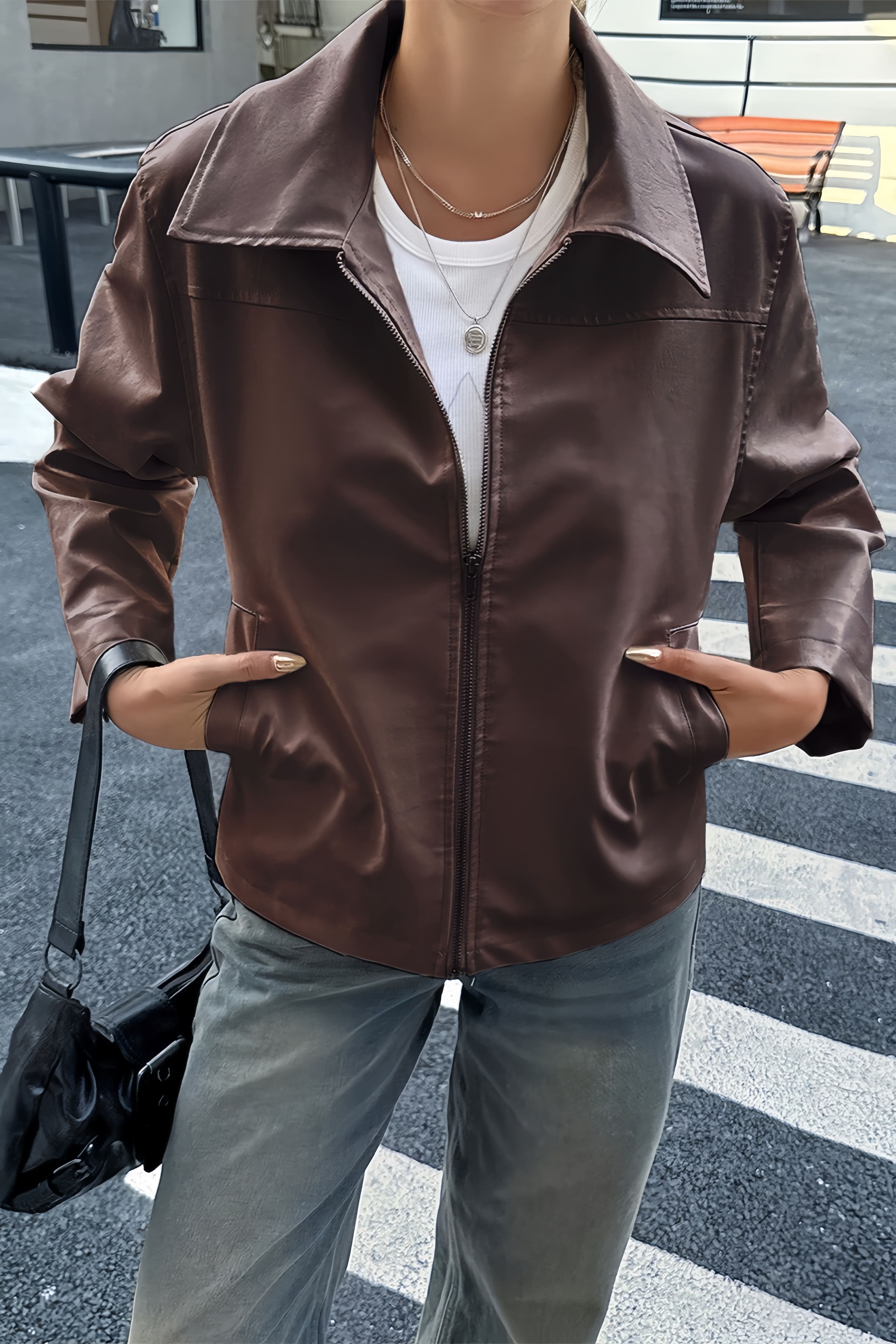 Faux leather zip jacket with a structured point collar