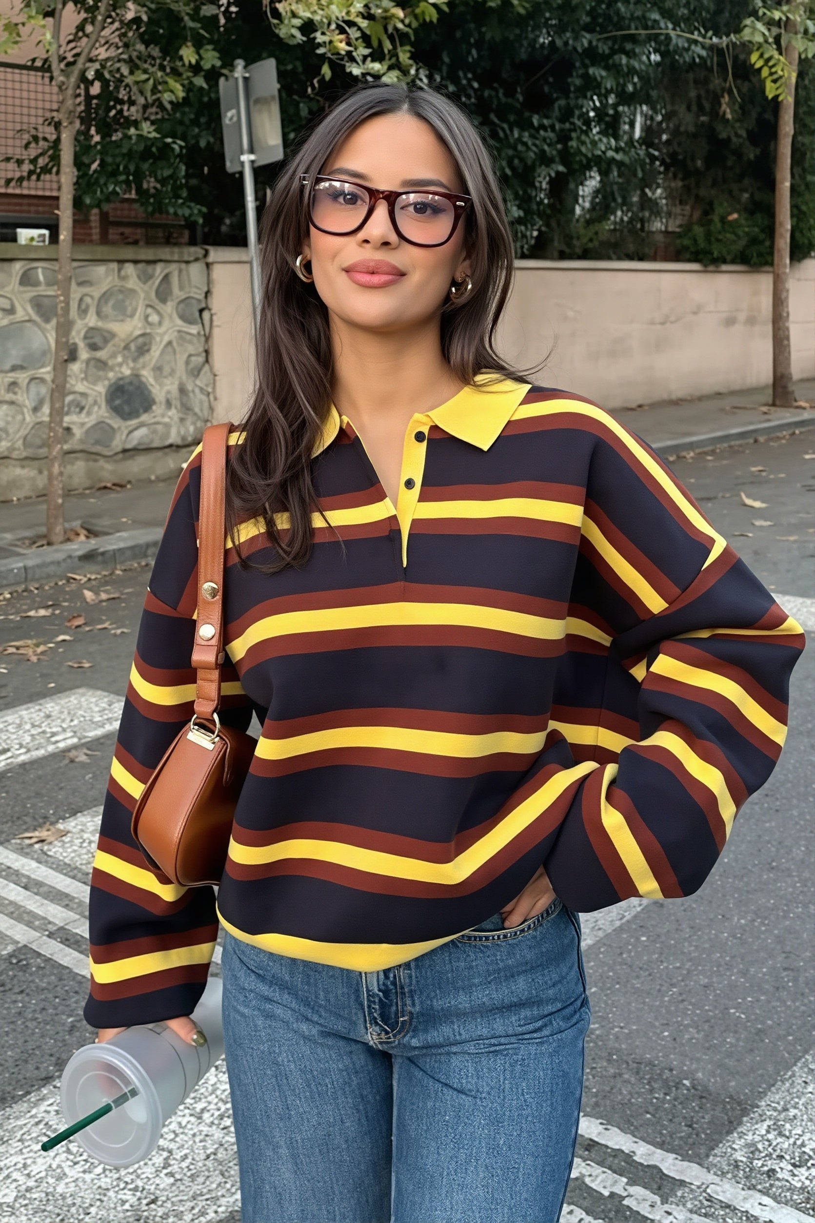Relaxed-fit striped sweater with a classic polo collar