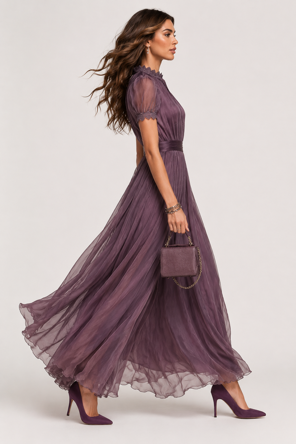 Side view of the purple chiffon maxi dress silhouette