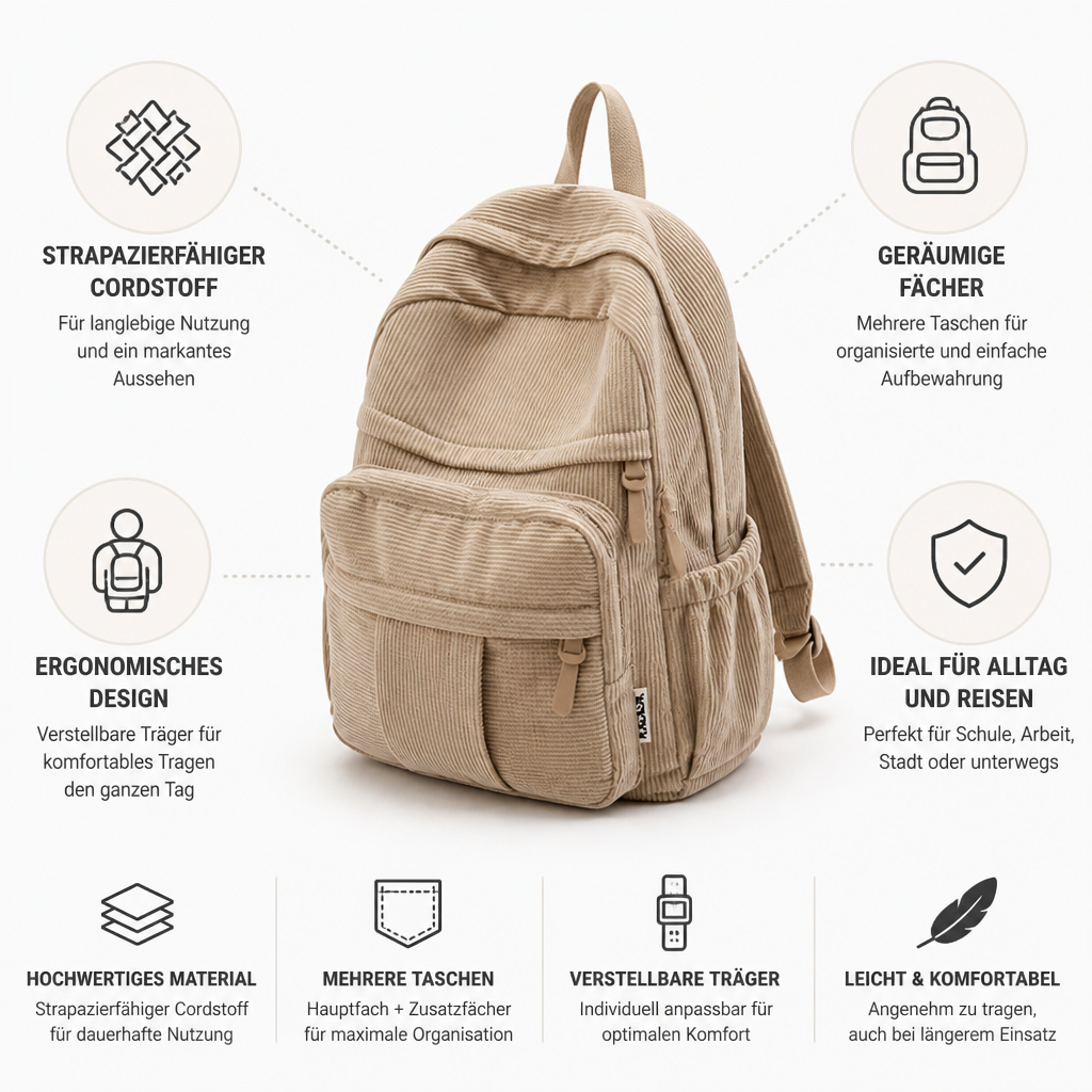 Corduroy backpack with adjustable shoulder straps