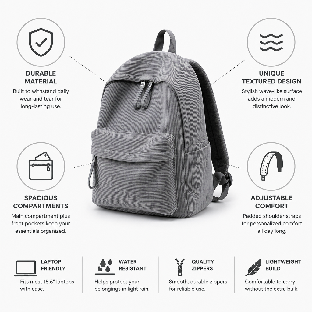 Close-up of the backpack’s textured material and front pocket details