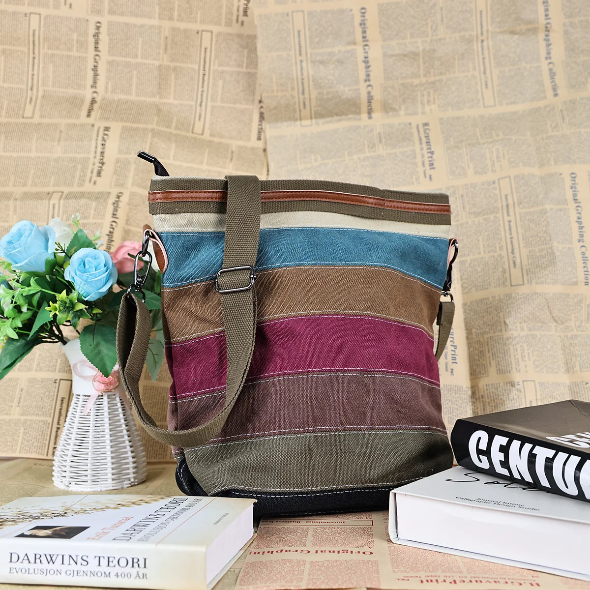 Women's Patchwork Canvas Shoulder Crossbody Handbag Brown