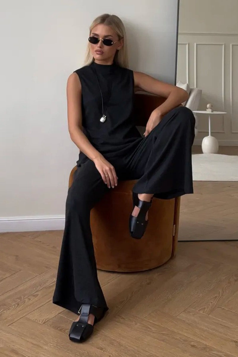 Front view of a women's two-piece lounge outfit with wide-leg pants