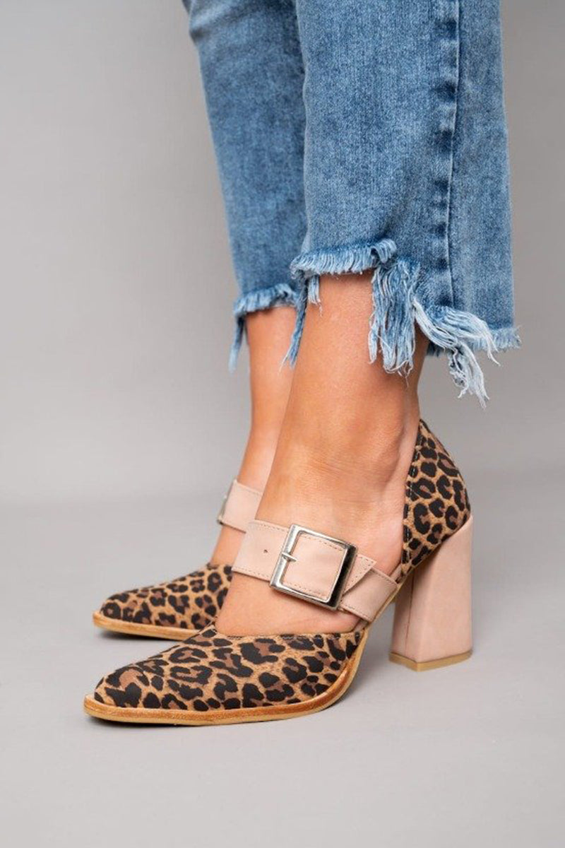 Women's block heel pumps with a strap shown from the side