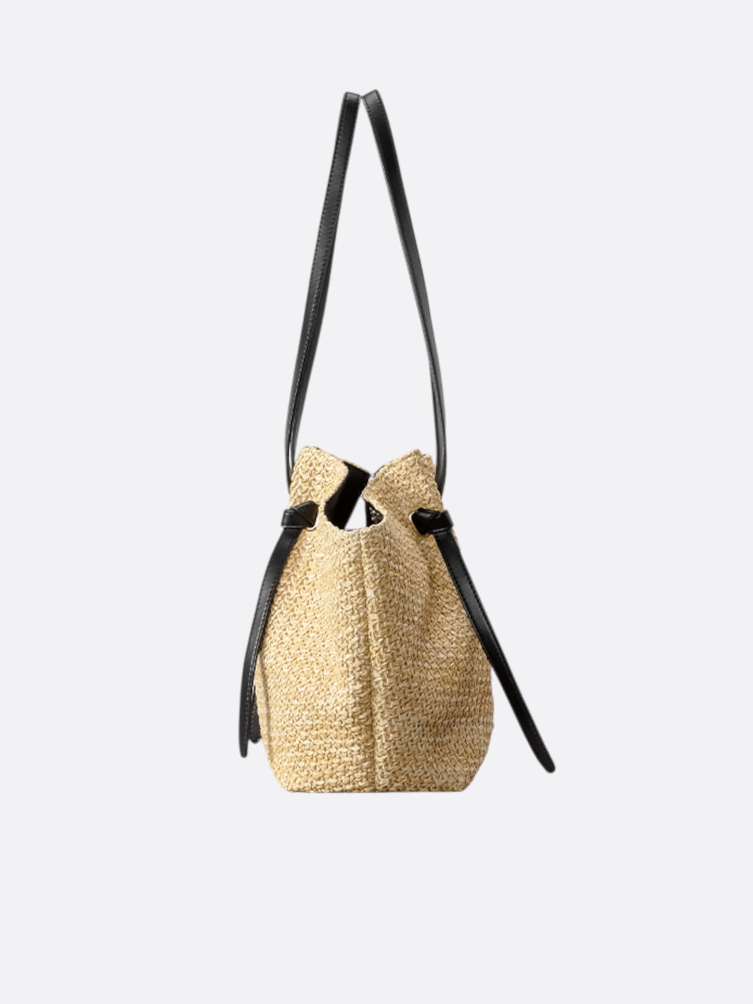 Straw and Black Leather Tote Bag