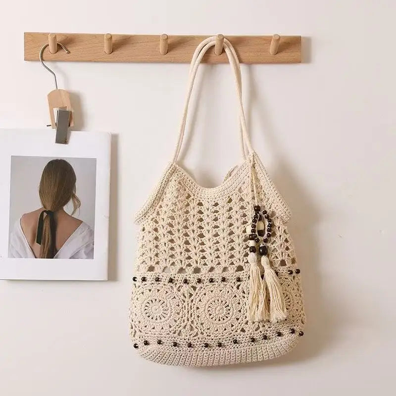 Boho Crochet Tote Bag with Bead Fringe and Adjustable Straps