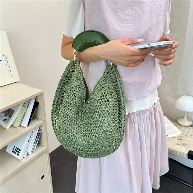 Handwoven Straw Crescent Moon Hobo Tote Bag Women