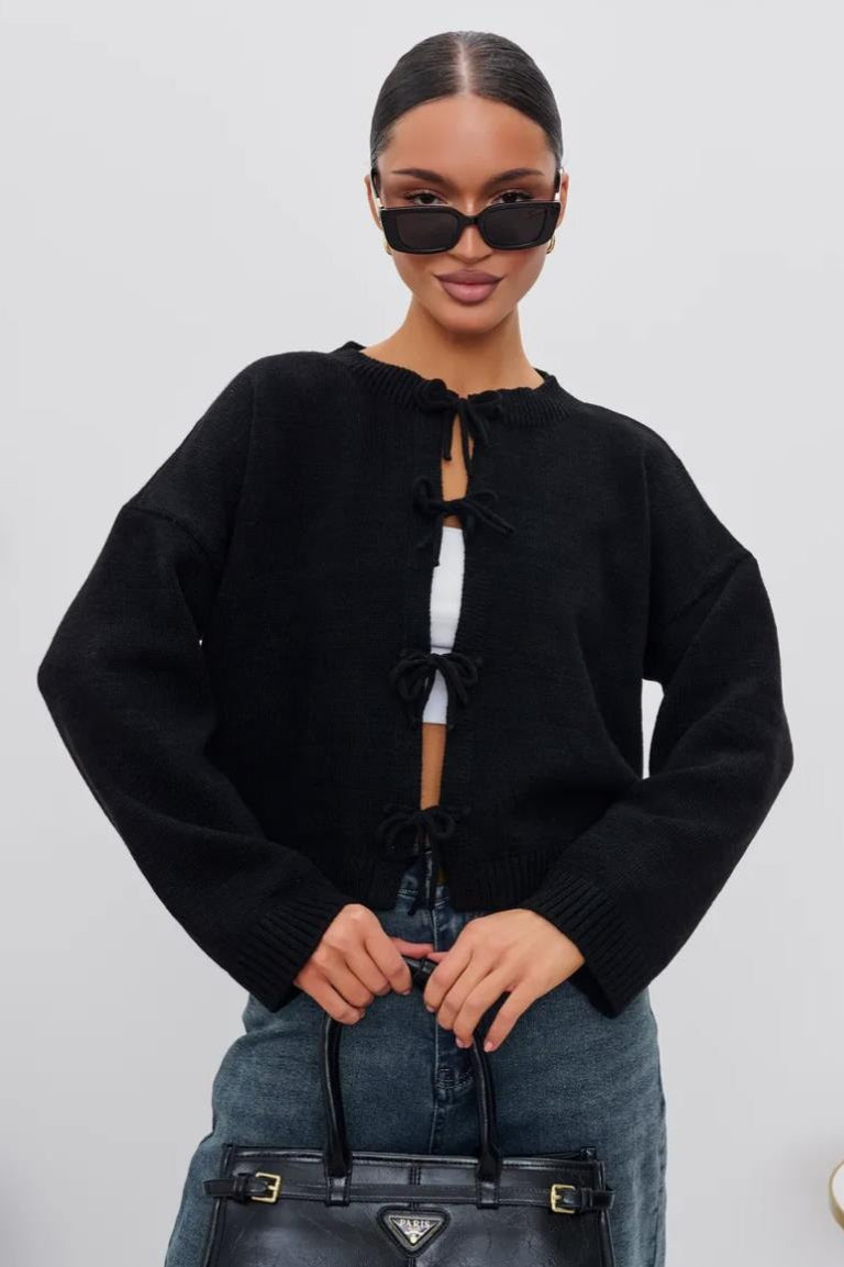 Back view of the crew-neck knit cardigan