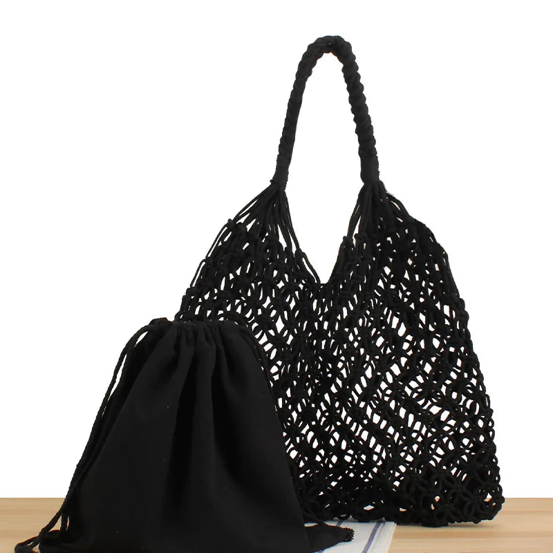 Summer Net Cotton Rope Knitted Bucket Shoulder Beach Bag for Women