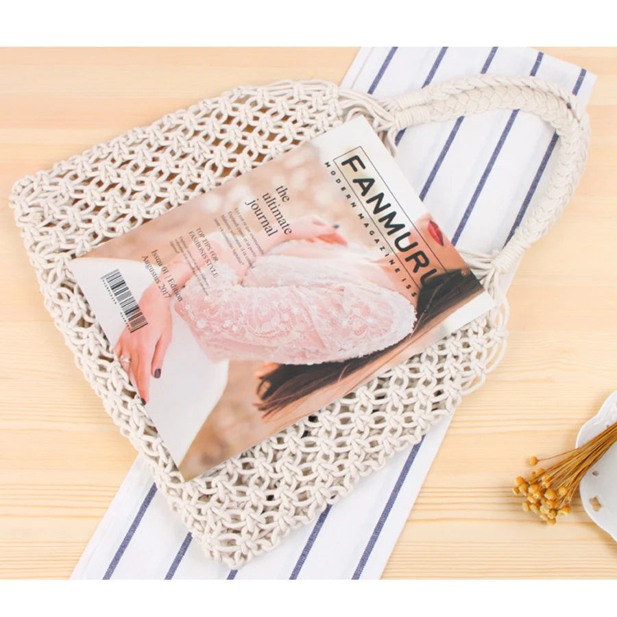 Summer Net Cotton Rope Knitted Bucket Shoulder Beach Bag for Women