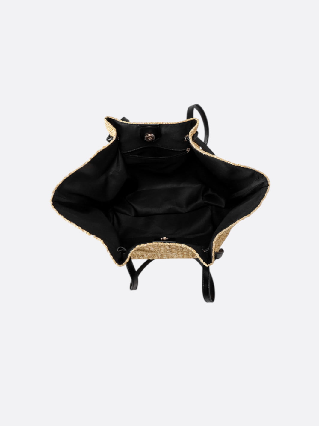 Straw and Black Leather Tote Bag