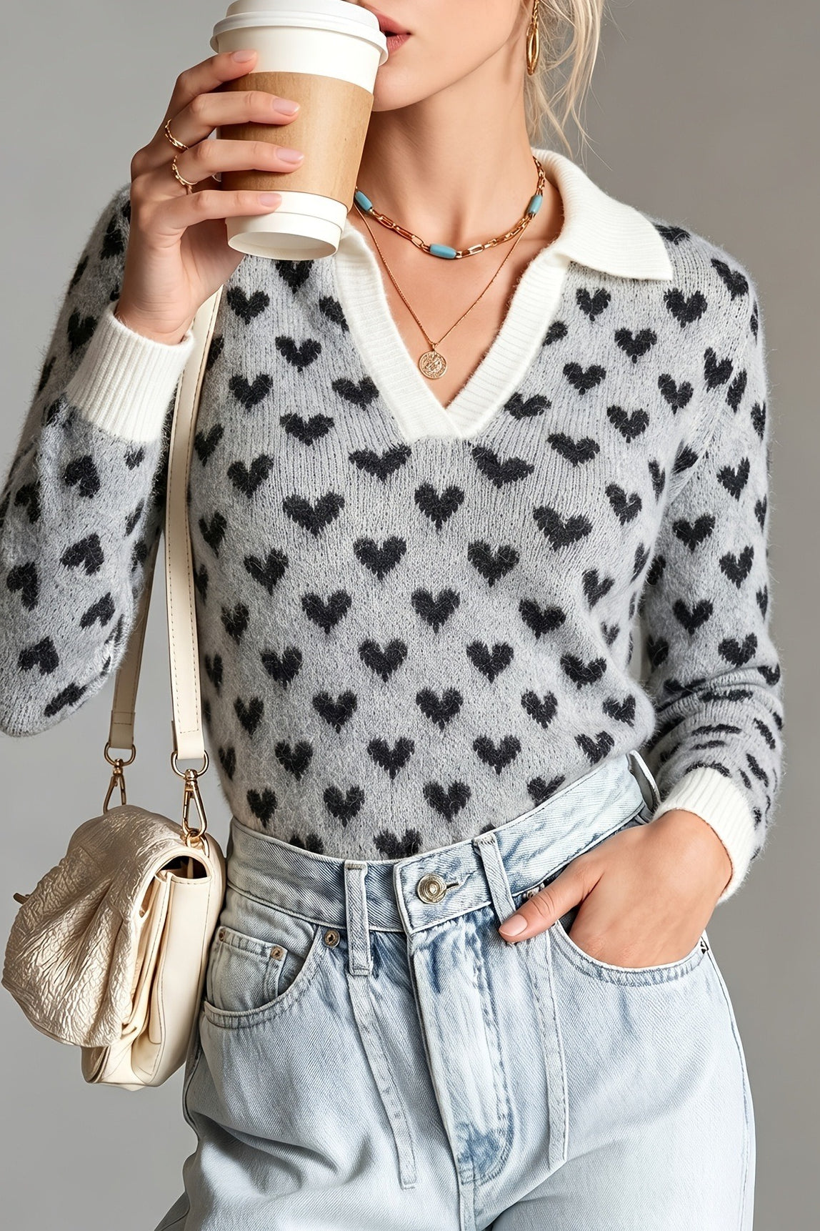 Close-up of the heart jacquard knit texture and collar