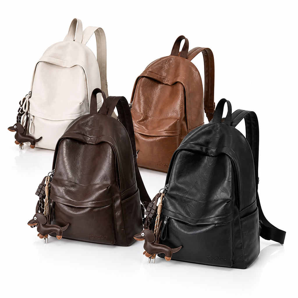 Back view of leather backpack with padded shoulder straps