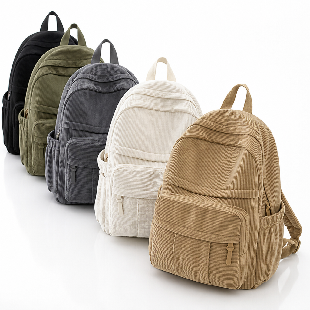 Side view of the durable multi-pocket corduroy backpack