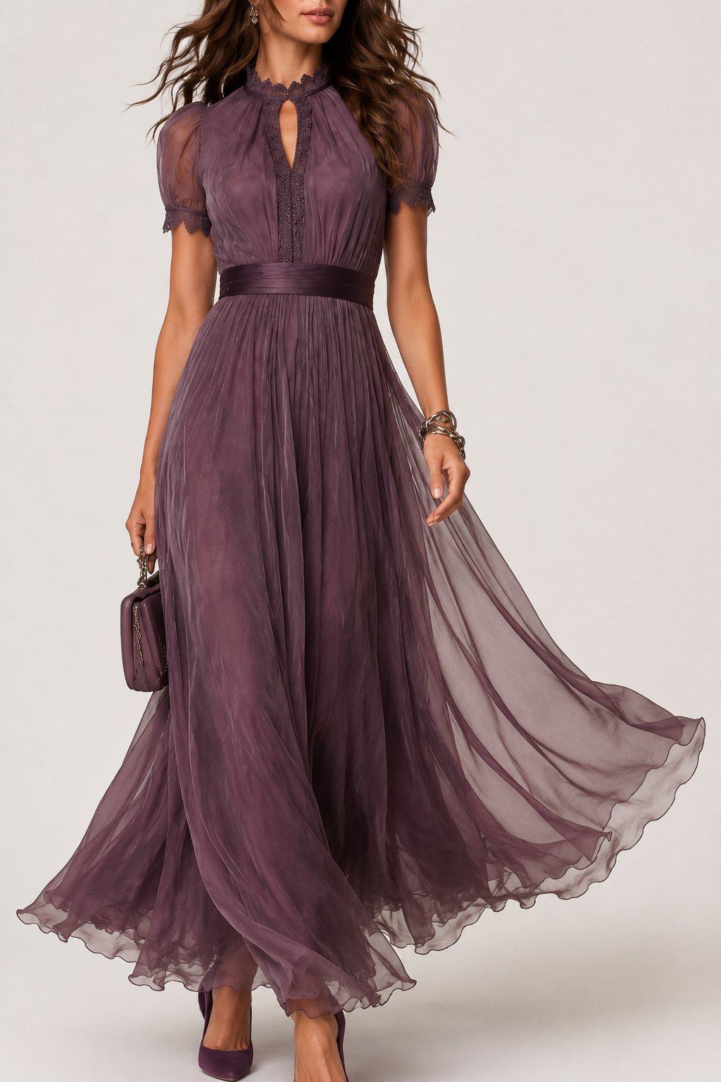 Full-length view of the flowing purple summer maxi dress