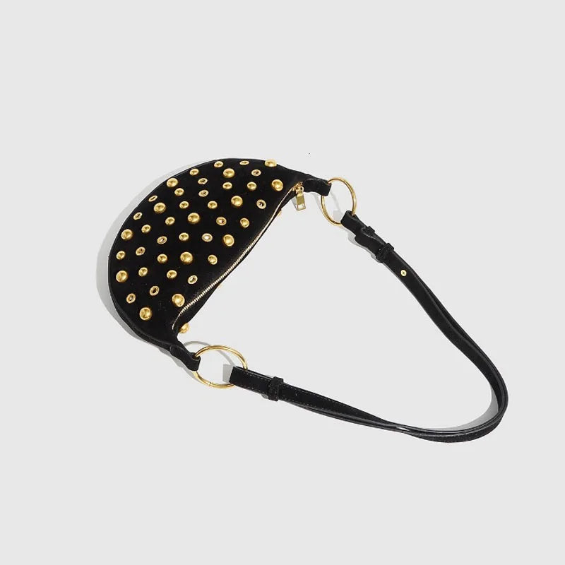 Studded Leather Crescent Shoulder Bag