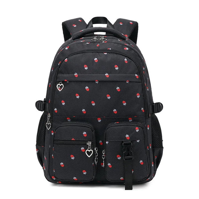 Waterproof Nylon Strawberry Print Large Capacity School Backpack