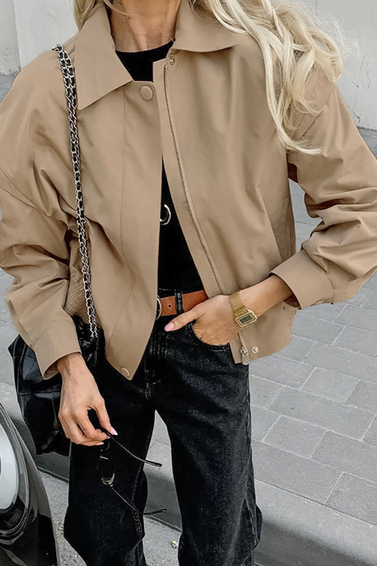 Side view of the khaki biker coat and relaxed fit