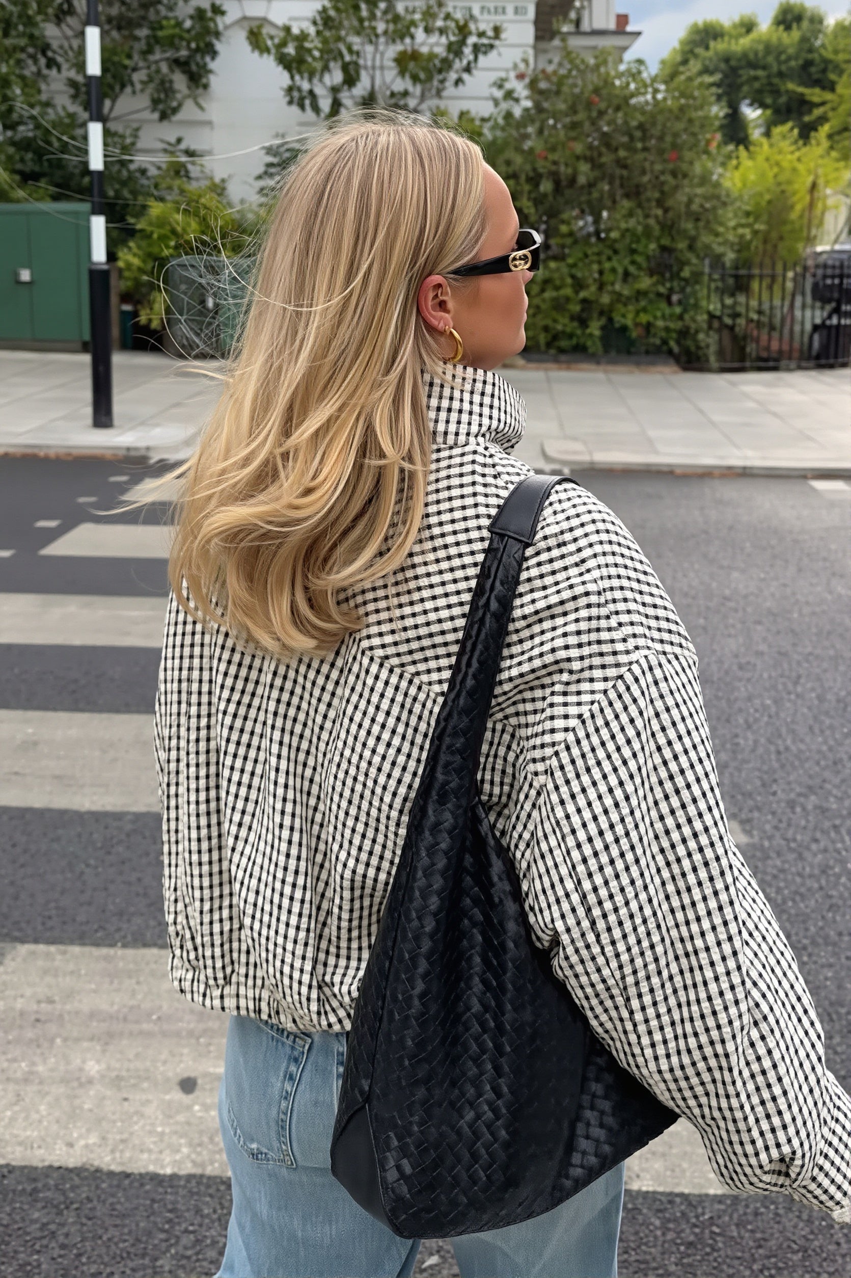 Front view of the Gingham Stand Collar Cropped Bomber Jacket