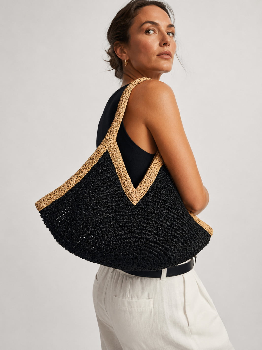 Black and Beige Straw Tote Bag