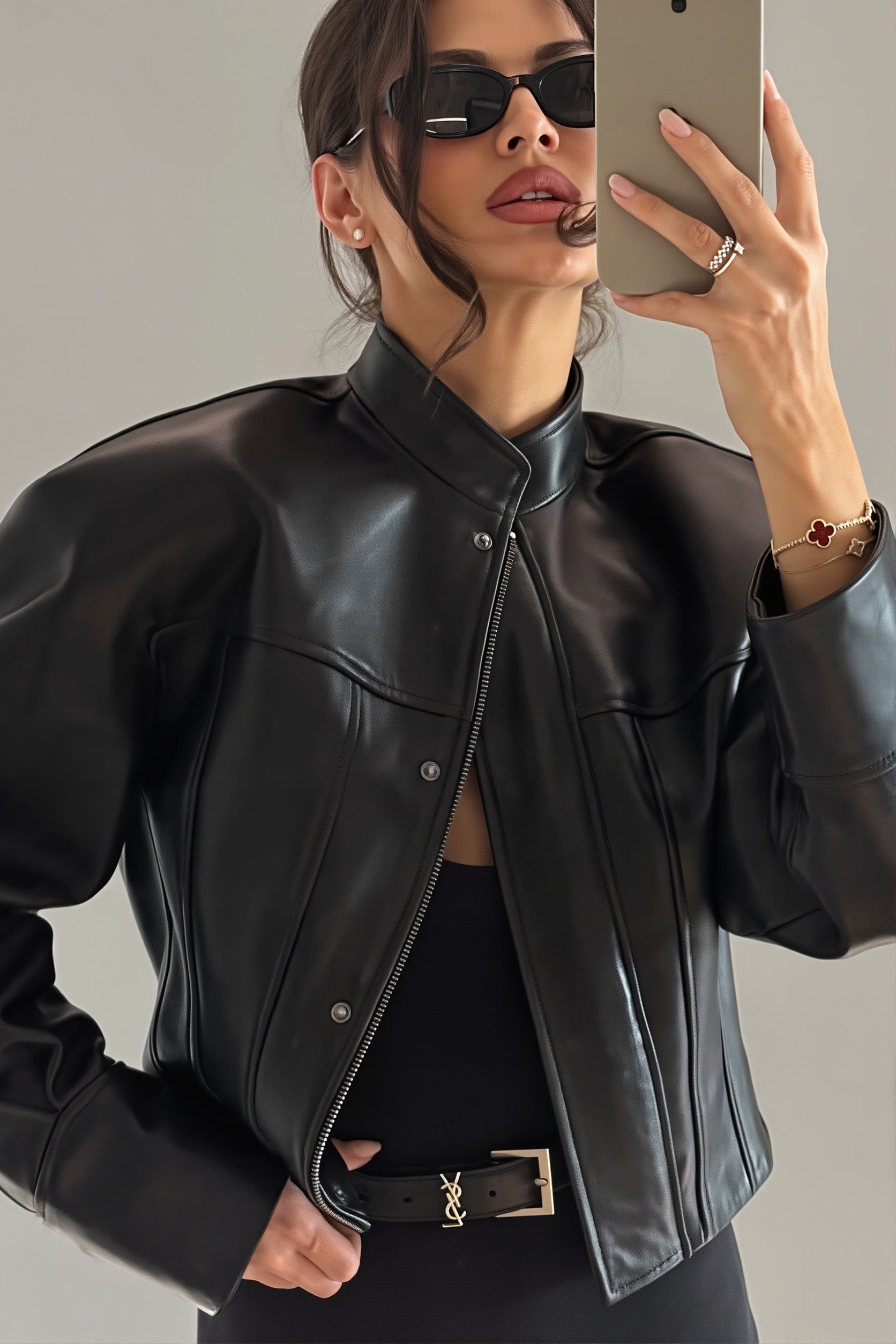 Faux Leather Bomber Jacket With Snap Collar