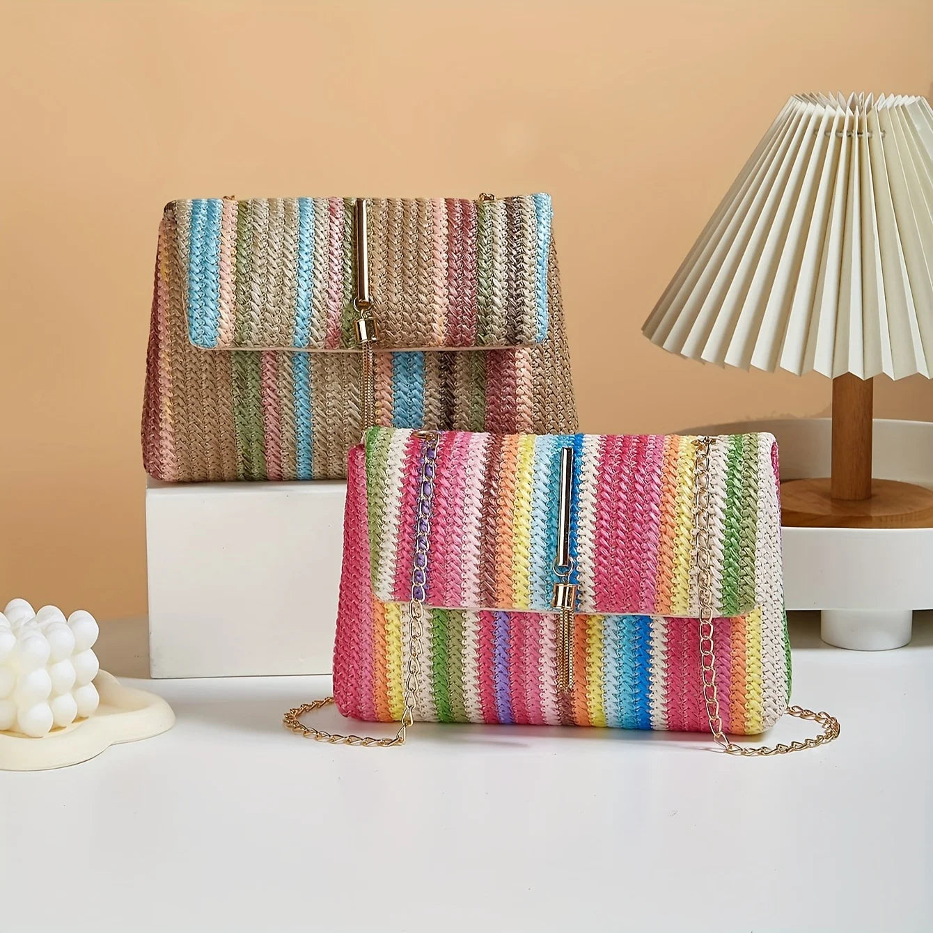 Rainbow Stripe Straw Crossbody Bag with Tassel Accent for Women