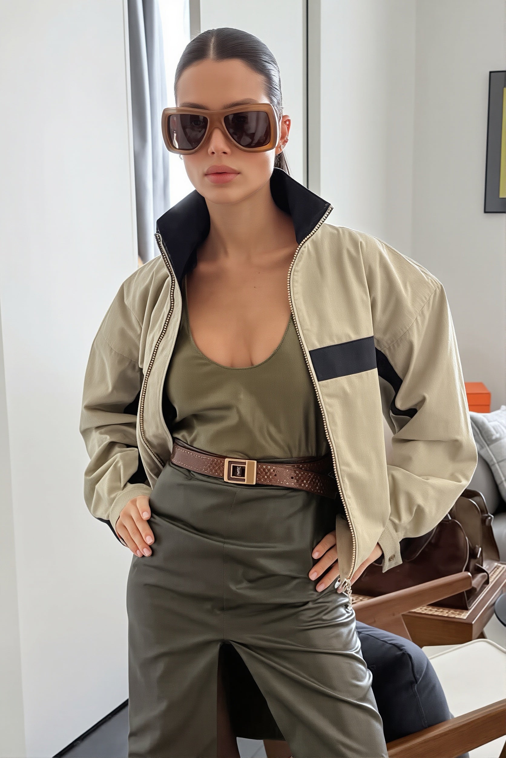 Color block zip jacket shown from the side with long sleeves