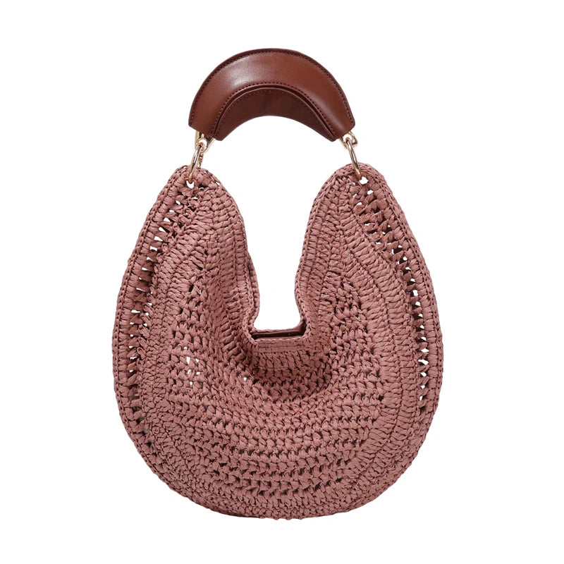 Handwoven Straw Crescent Moon Hobo Tote Bag Women