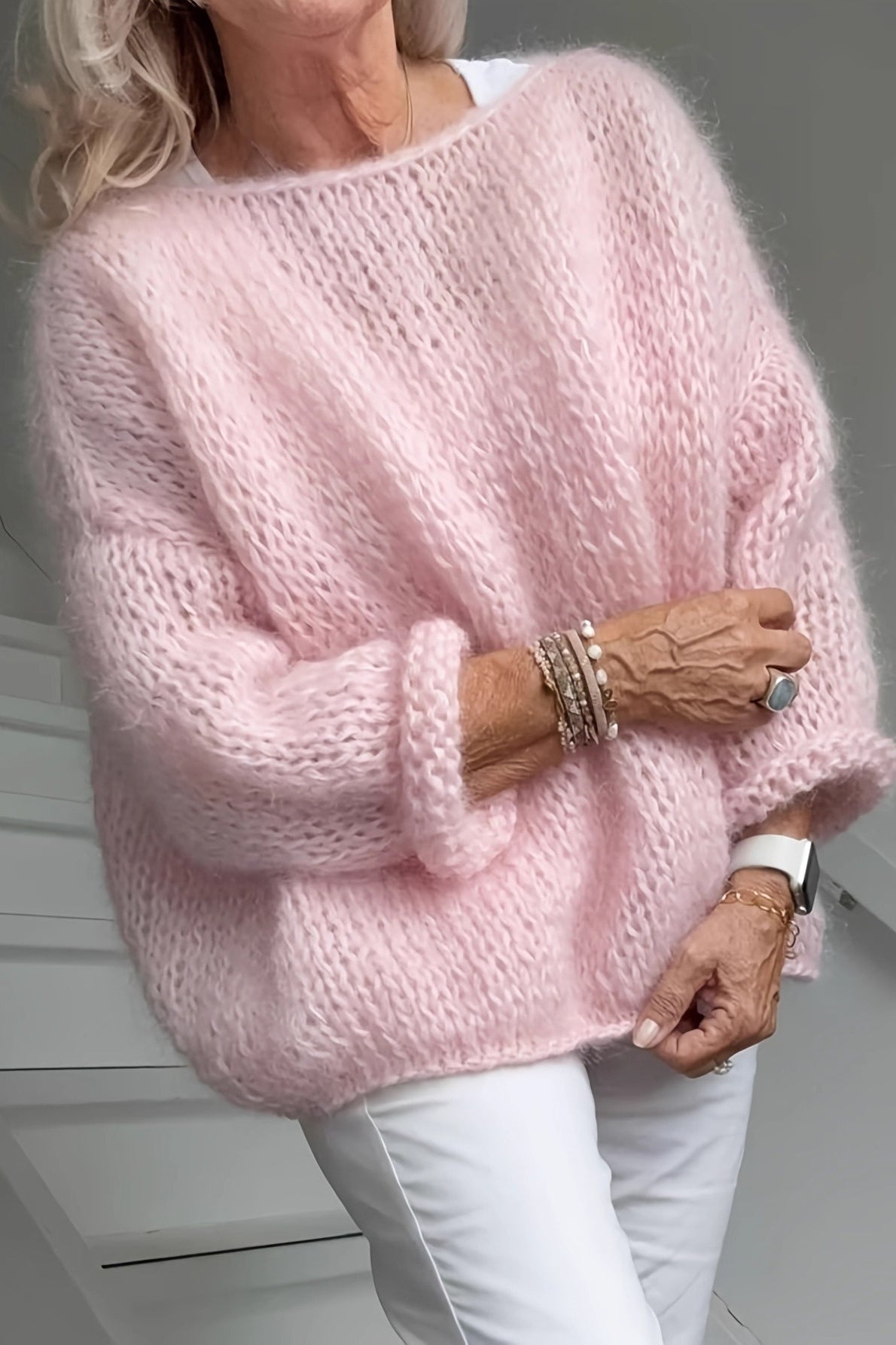 Fuzzy crew neck relaxed sweater shown from the front