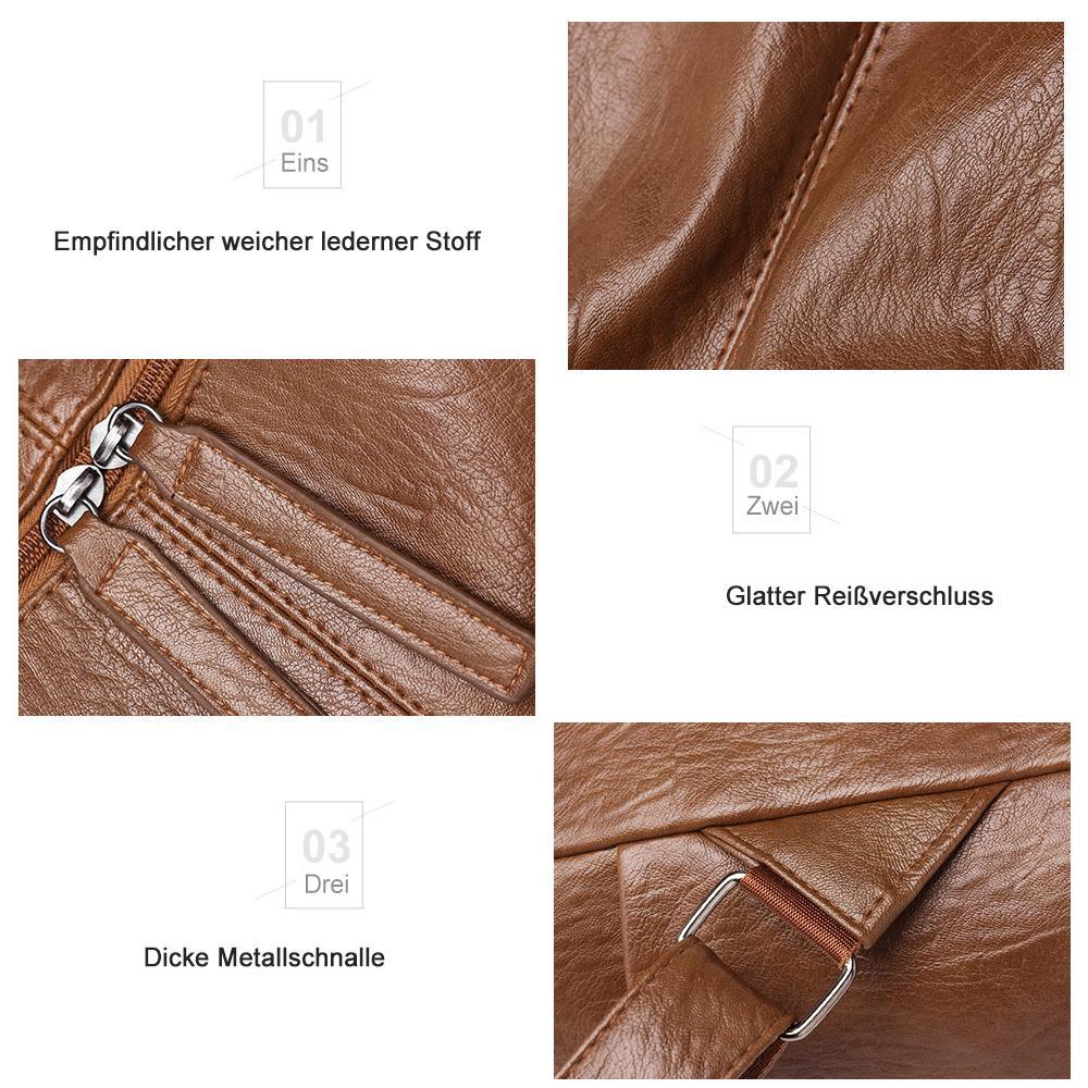 Open leather backpack displaying storage space for office essentials