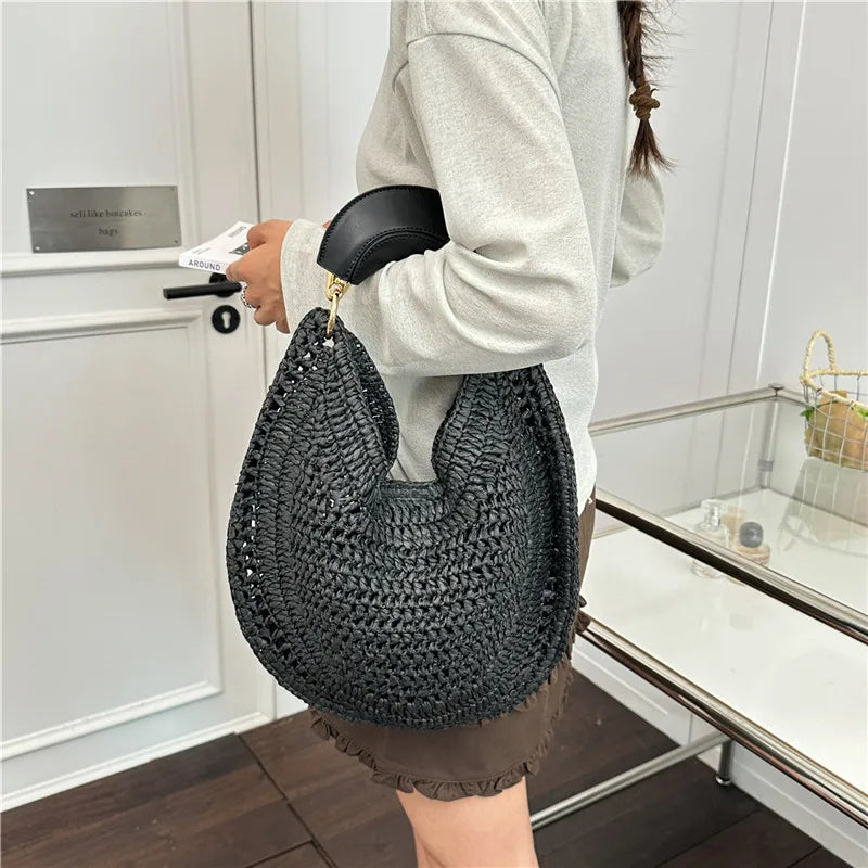 Handwoven Straw Crescent Moon Hobo Tote Bag Women