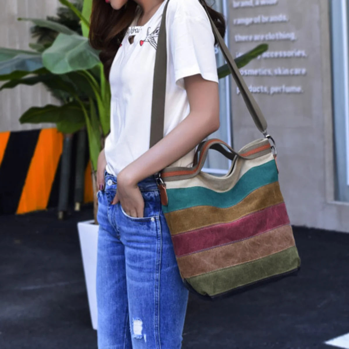 Women's Patchwork Canvas Shoulder Crossbody Handbag Brown