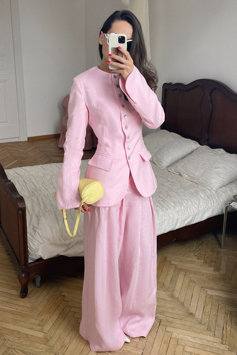 Tailored blazer and wide-leg pants set displayed together