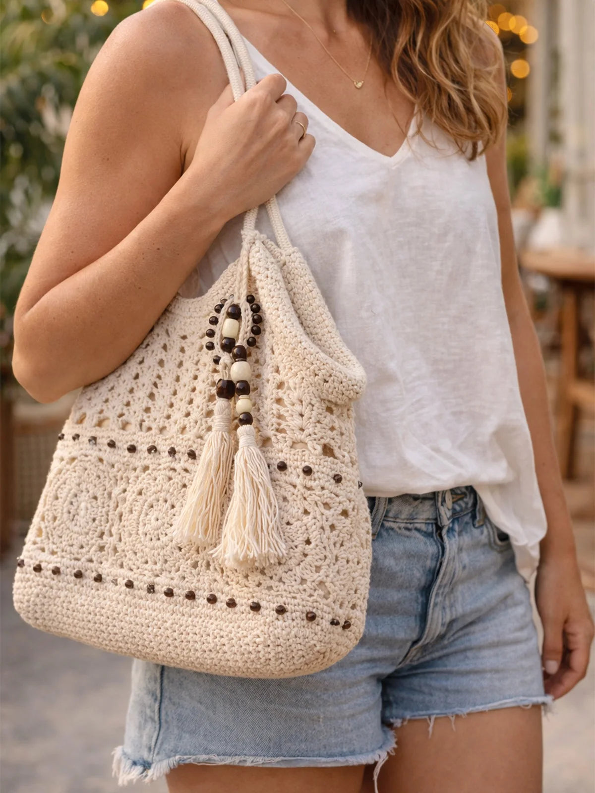 Boho Crochet Tote Bag with Bead Fringe and Adjustable Straps