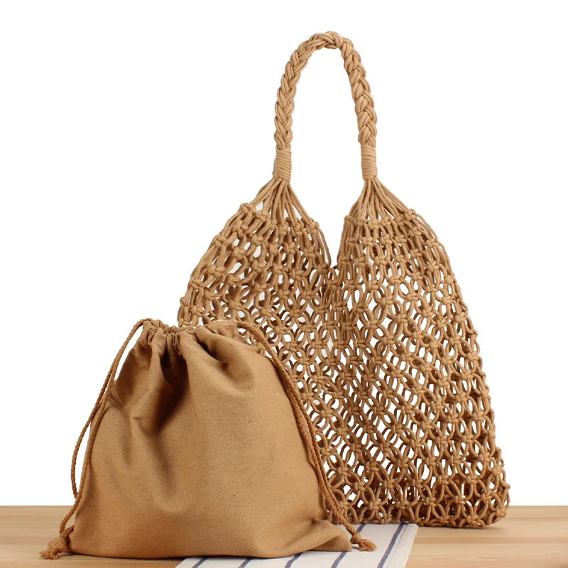 Summer Net Cotton Rope Knitted Bucket Shoulder Beach Bag for Women