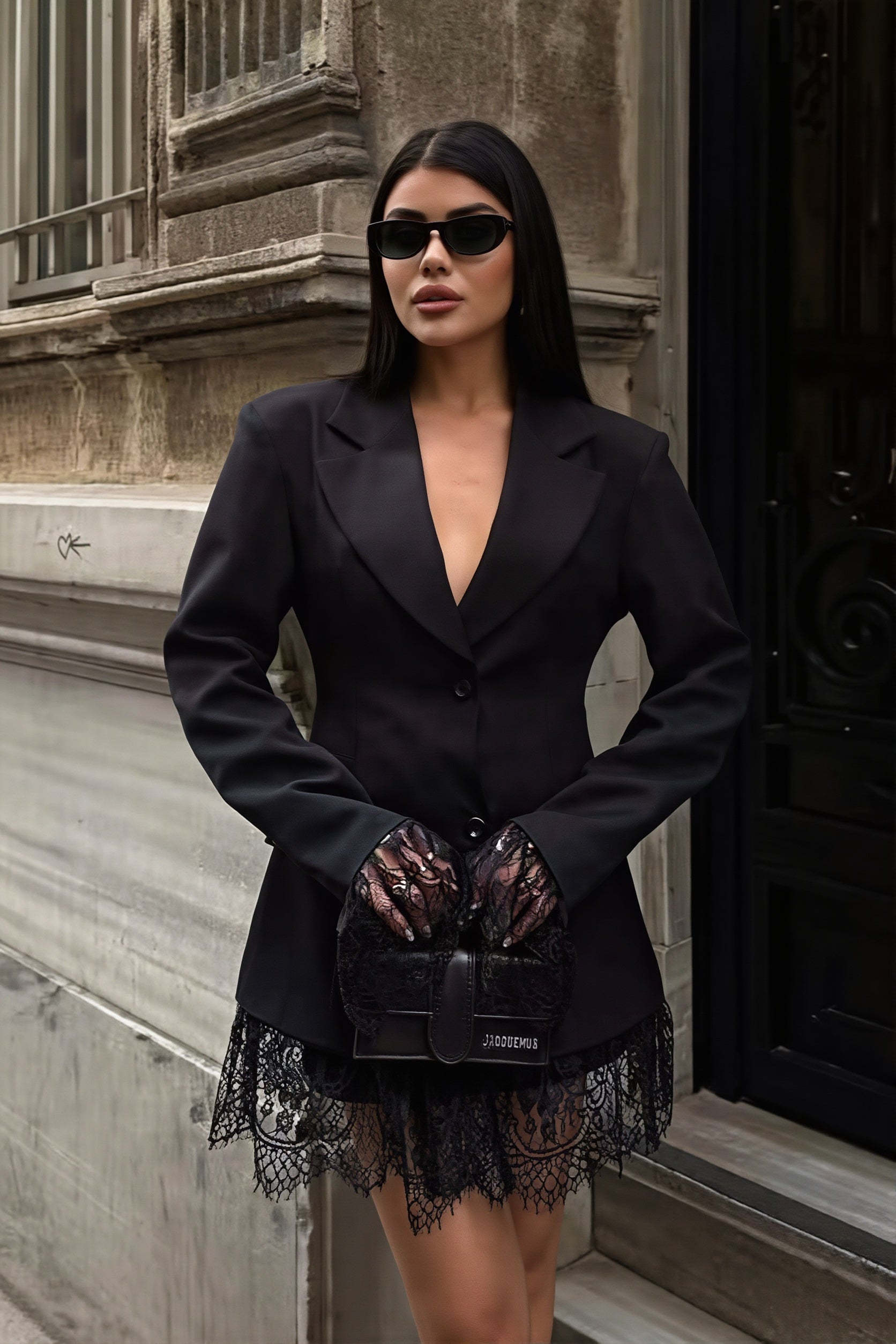 Close-up of the blazer sleeve featuring an elegant lace cuff