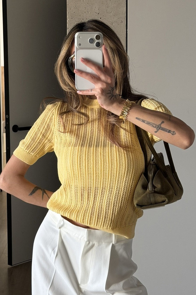 Lightweight crewneck sweater with an airy openwork knit