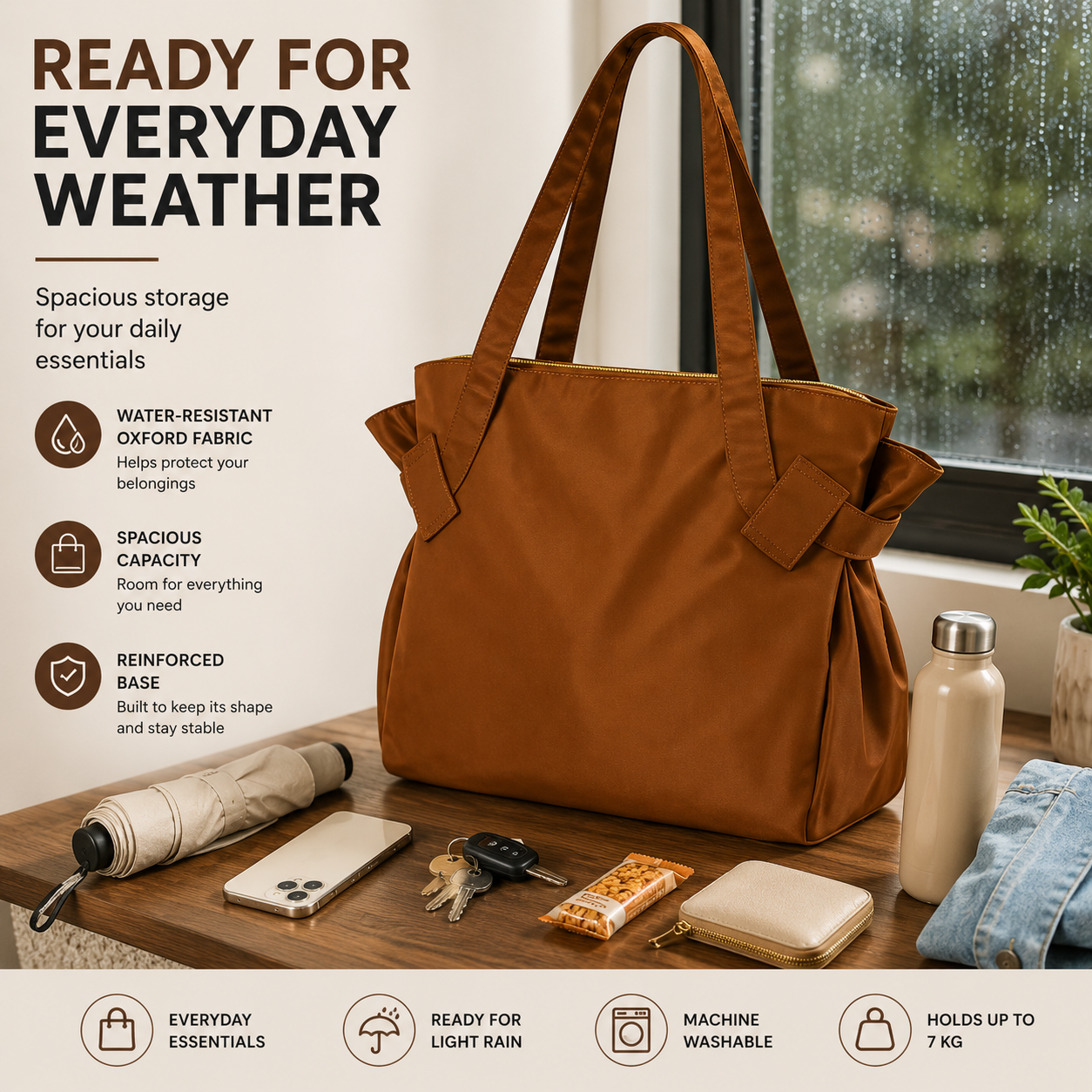 Detail view of tote bag stitching and handle attachment for durability